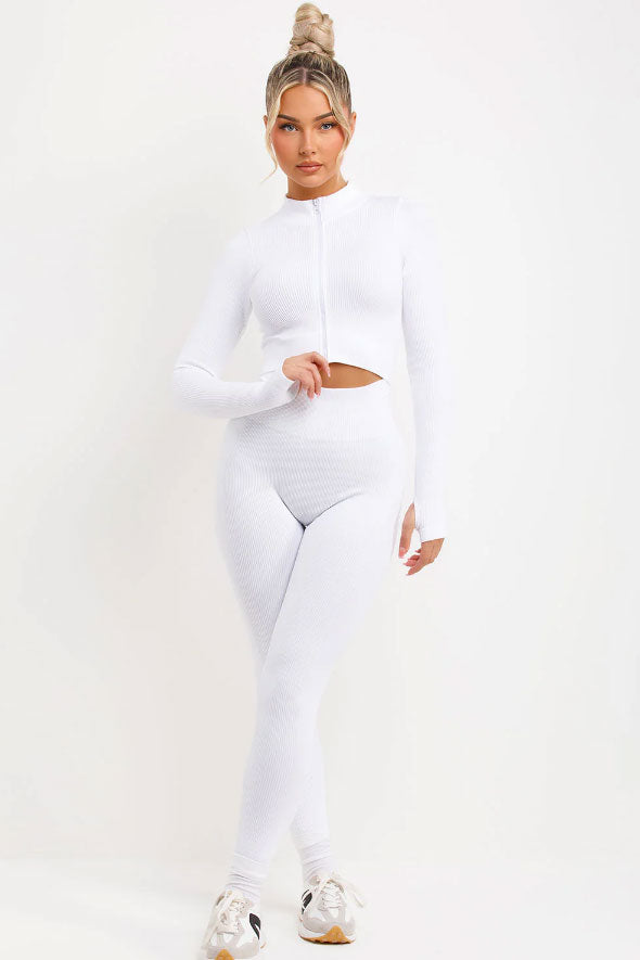 Ribbed Leggings And Zip Up Front Jacket Set White