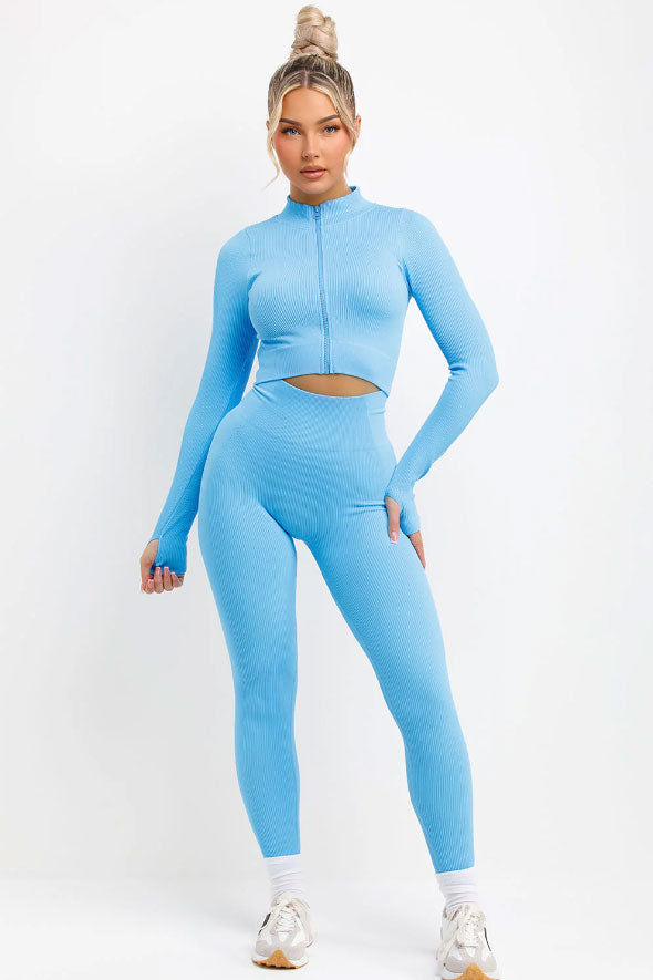 Ribbed Leggings And Zip Up Front Jacket Set Sky blue