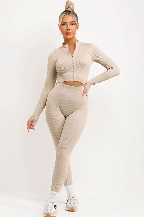 Ribbed Leggings And Zip Up Front Jacket Set Beige