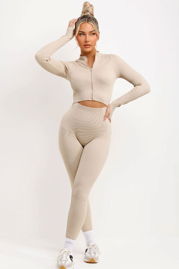 Ribbed Leggings And Zip Up Front Jacket Set Beige