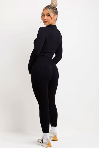 Ribbed Leggings And Zip Up Front Jacket Set Black