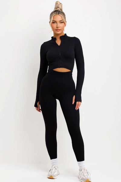 Ribbed Leggings And Zip Up Front Jacket Set Black