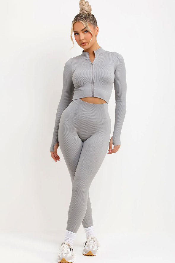 Ribbed Leggings And Zip Up Front Jacket Set Grey