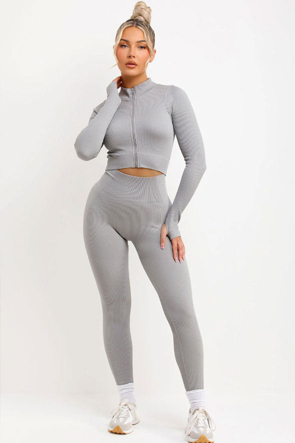 Ribbed Leggings And Zip Up Front Jacket Set Grey