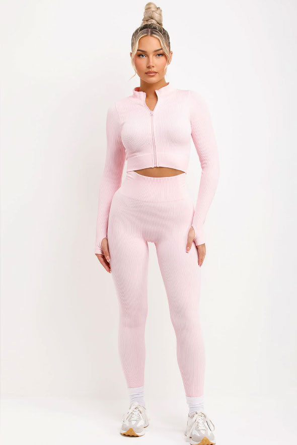 Ribbed Leggings And Zip Up Front Jacket Set Pink