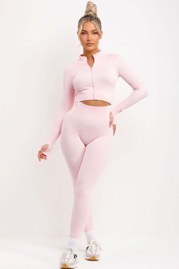 Ribbed Leggings And Zip Up Front Jacket Set Pink