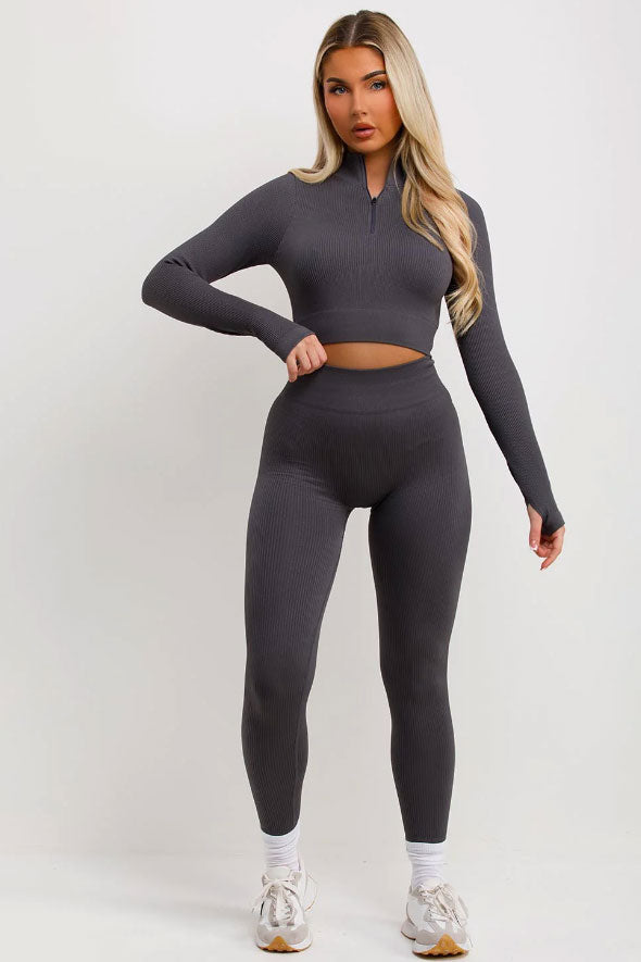 Ribbed Tracksuit Lounge Set With Half Zip Charcoal