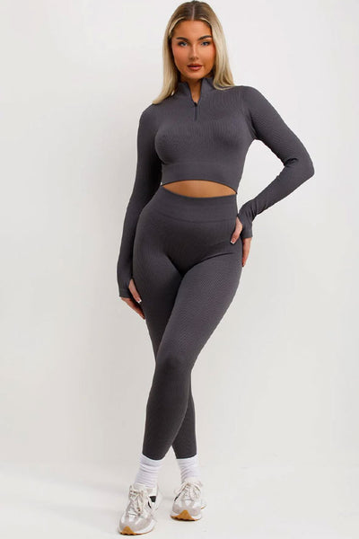 Ribbed Tracksuit Lounge Set With Half Zip Charcoal