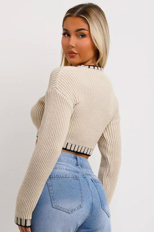 Crop Knit Jumper With Blanket Stitch Detail beige