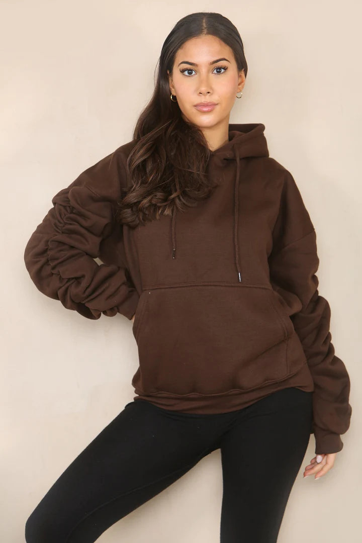 Brown Ruched Sleeve Hooded Sweatshirt