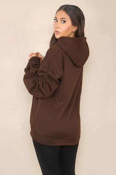 Brown Ruched Sleeve Hooded Sweatshirt