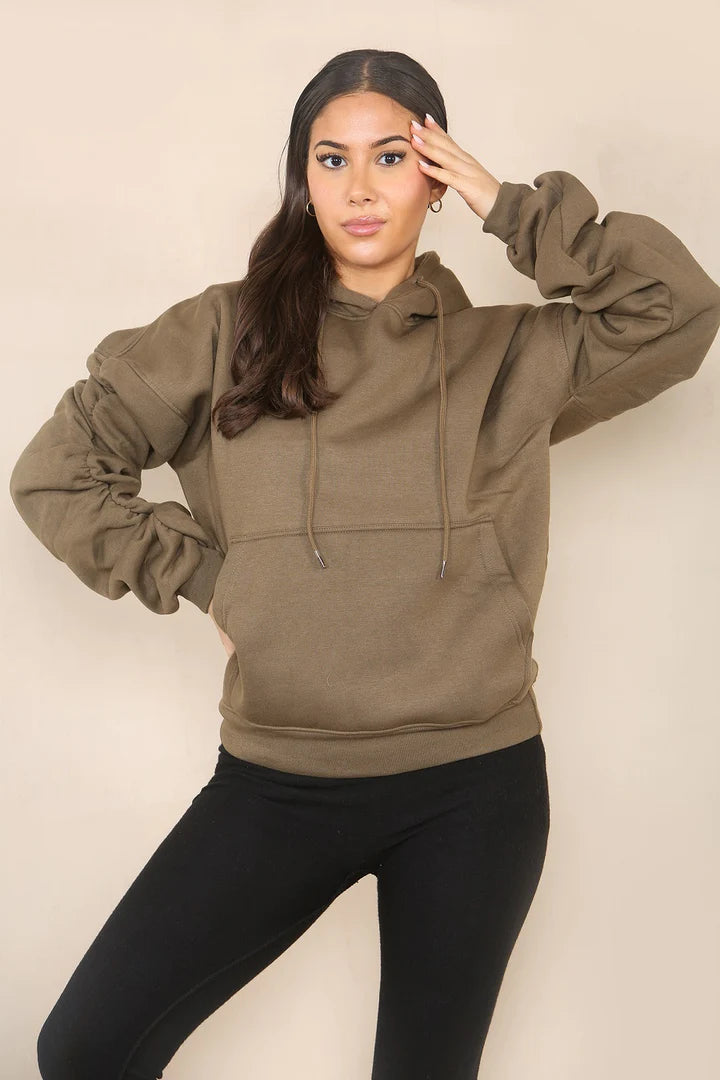 Khaki Green Ruched Sleeve Hooded Sweatshirt