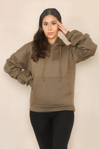 Khaki Green Ruched Sleeve Hooded Sweatshirt