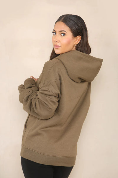 Khaki Green Ruched Sleeve Hooded Sweatshirt