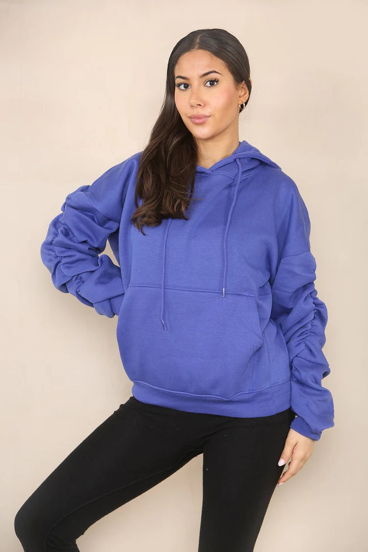 Electric Blue Ruched Sleeve Hooded Sweatshirt