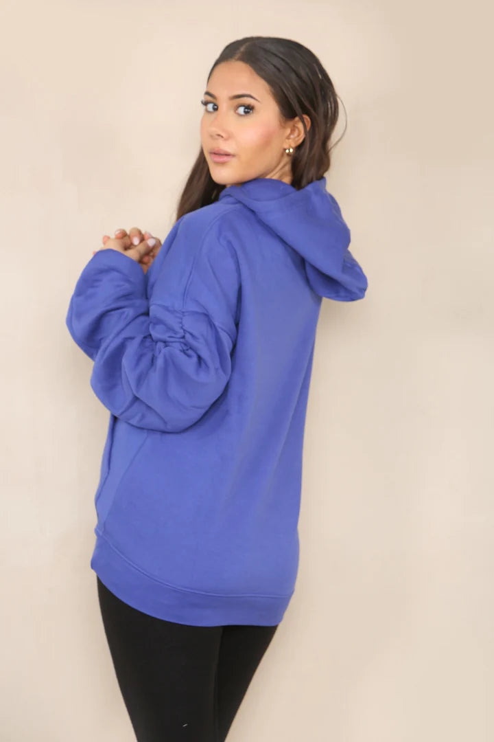 Electric Blue Ruched Sleeve Hooded Sweatshirt