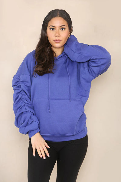 Electric Blue Ruched Sleeve Hooded Sweatshirt