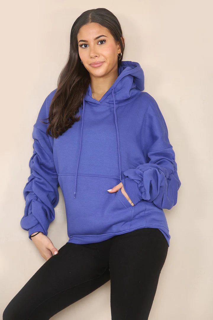 Electric Blue Ruched Sleeve Hooded Sweatshirt