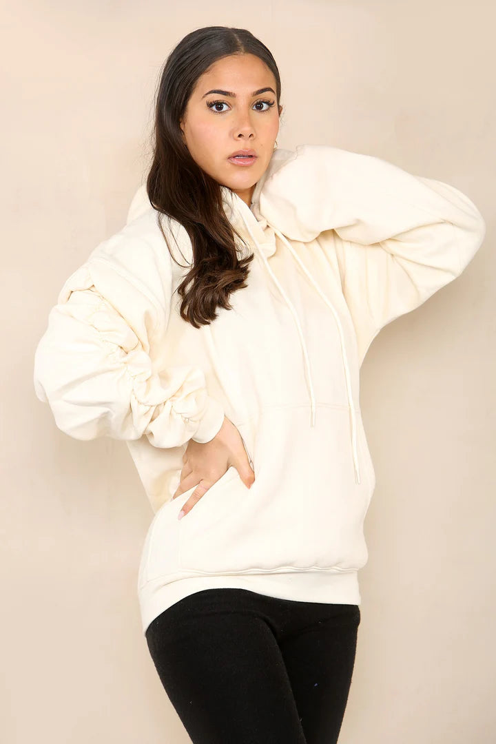 Cream Ruched Sleeve Hooded Sweatshirt