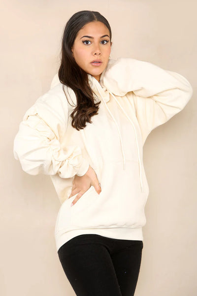 Cream Ruched Sleeve Hooded Sweatshirt