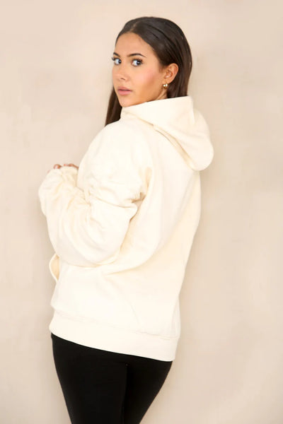 Cream Ruched Sleeve Hooded Sweatshirt