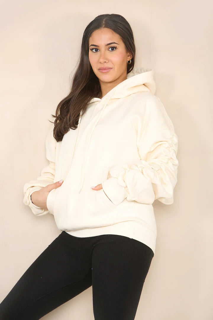 Cream Ruched Sleeve Hooded Sweatshirt