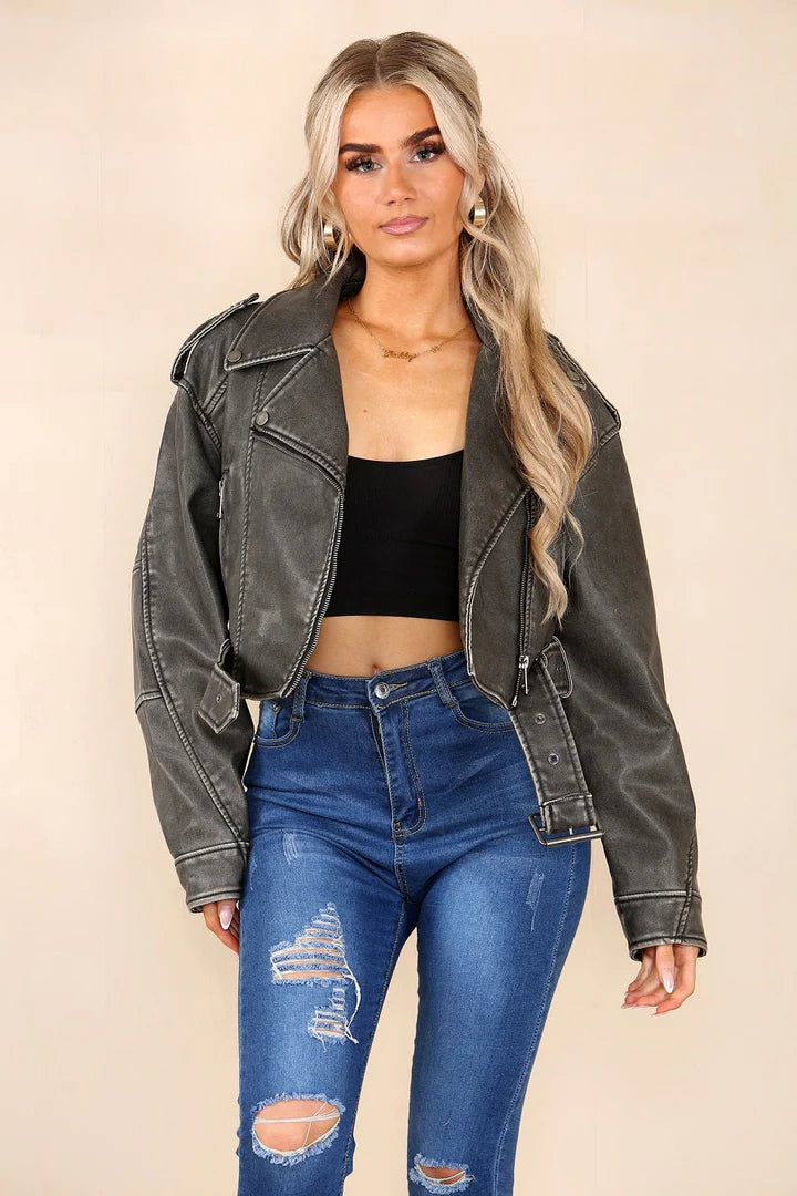 Grey Faux Leather Zipped Biker Jacket