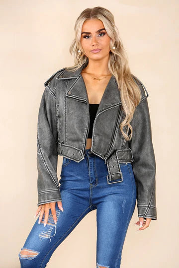 Grey Faux Leather Zipped Biker Jacket