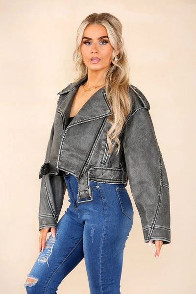 Grey Faux Leather Zipped Biker Jacket