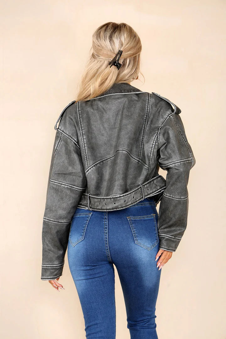 Grey Faux Leather Zipped Biker Jacket