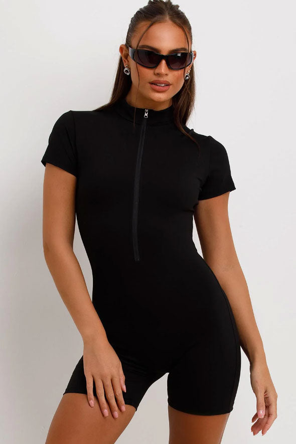 Sculpt Contour Zip Front Playsuit Unitard Black