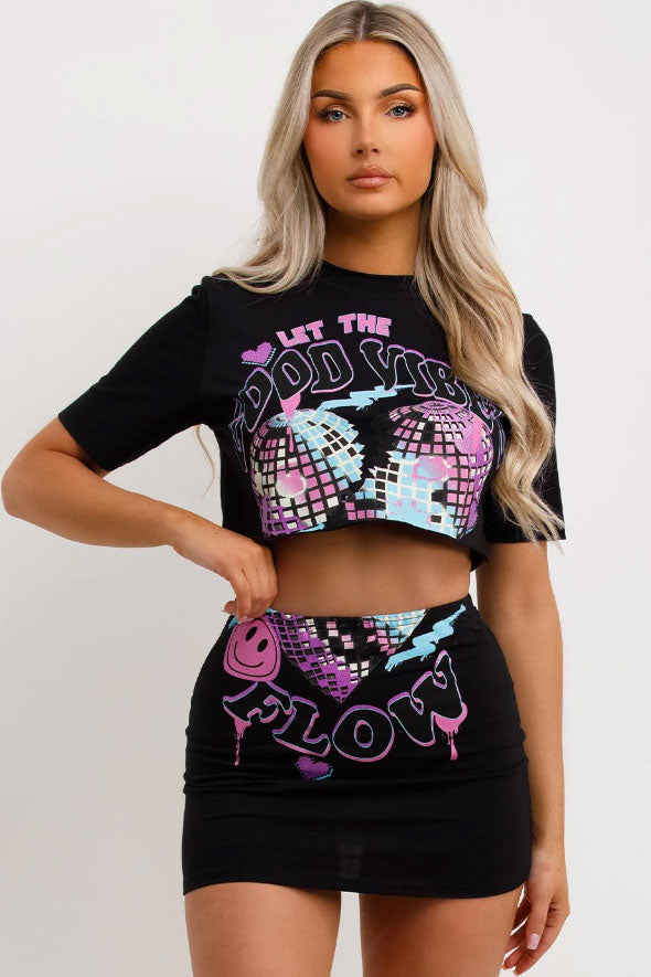 Skirt And Top Co Ord With Neon Good Vibes Print Black