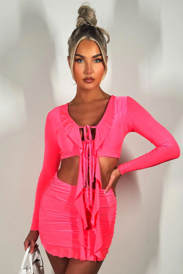 Skirt And Top Set Festival Outfit With Frill Detail Neon Pink