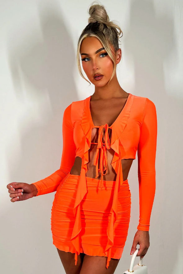 Skirt And Top Set Festival Outfit With Frill Detail Neon Orange