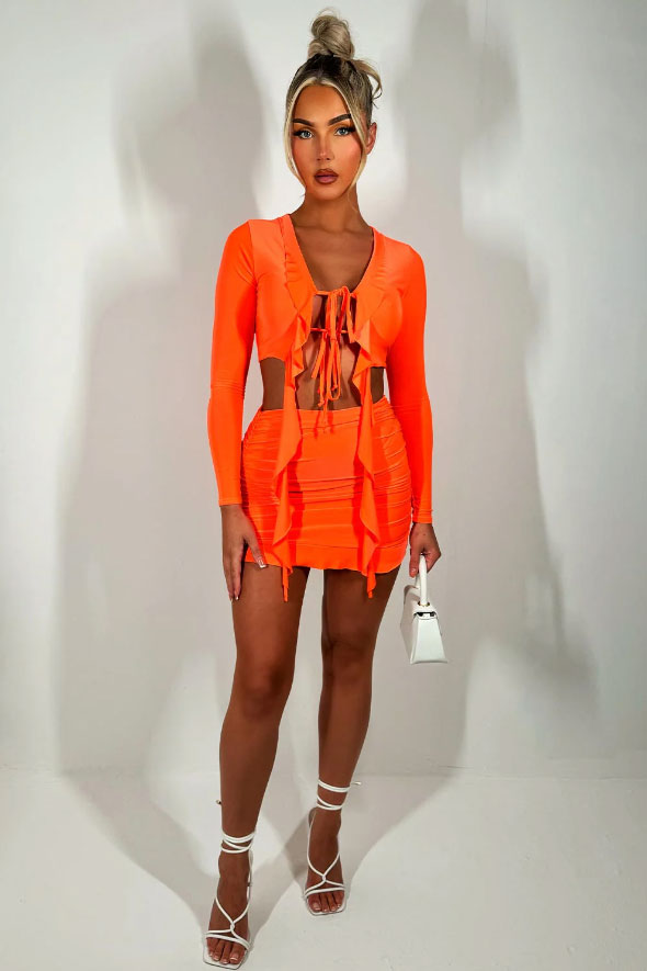 Skirt And Top Set Festival Outfit With Frill Detail Neon Orange