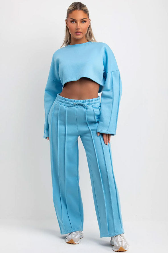 Sky Blue Tracksuit Joggers And Crop Sweatshirt With Seam Detail