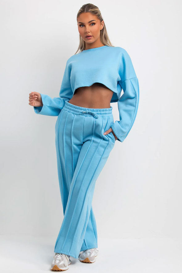 Sky Blue Tracksuit Joggers And Crop Sweatshirt With Seam Detail