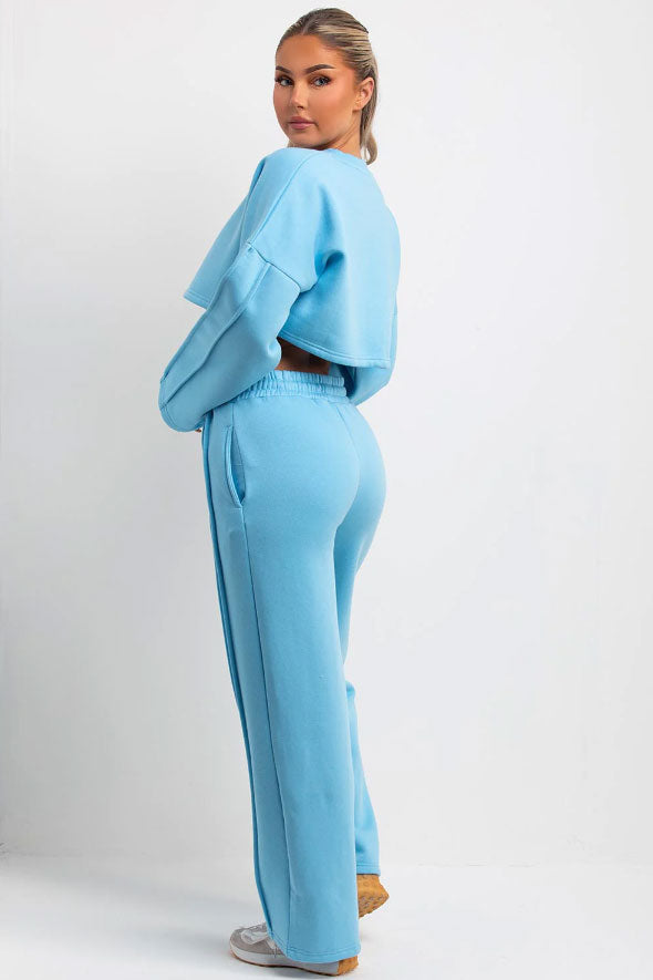 Sky Blue Tracksuit Joggers And Crop Sweatshirt With Seam Detail