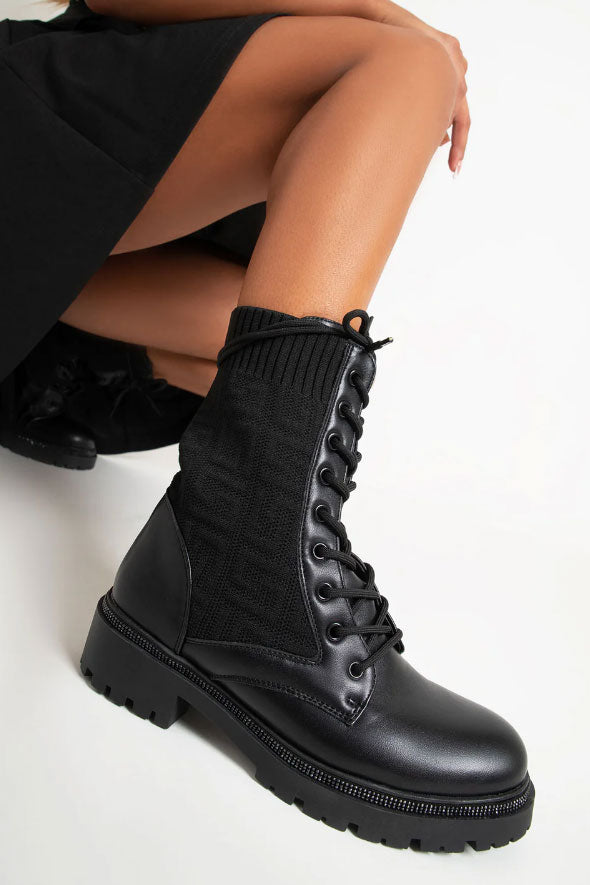 Black Diamante Detail Lace Up Knit Ankle Boots