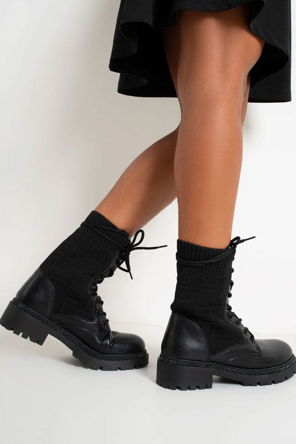 Black Diamante Detail Lace Up Knit Ankle Boots