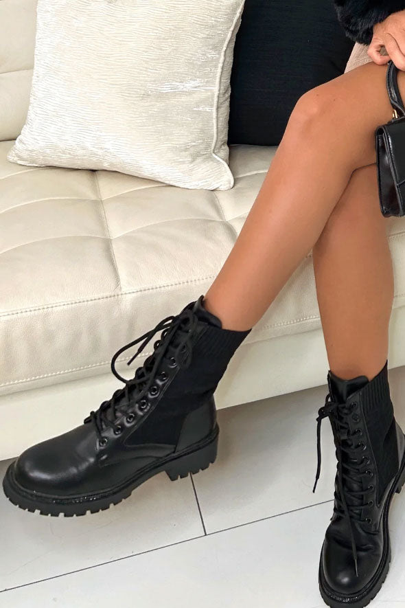 Black Diamante Detail Lace Up Knit Ankle Boots