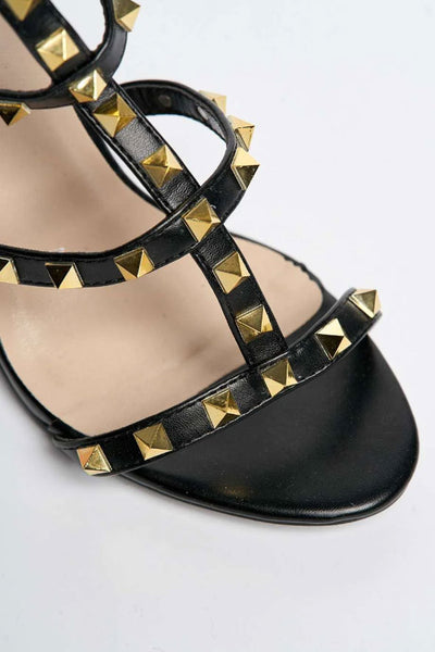 Tessa Studded Strappy High Block Heel Sandal in Black Matt