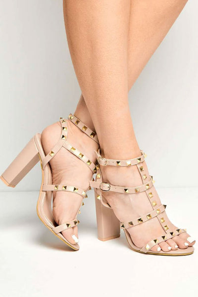 Tessa Studded Strappy High Block Heel Sandal in Nude Matt