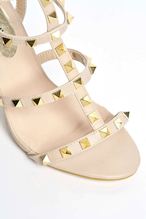 Tessa Studded Strappy High Block Heel Sandal in Nude Matt