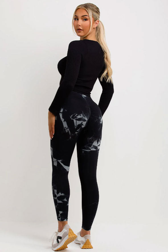 Tie Dye Rib Leggings Scrunch Bum Black