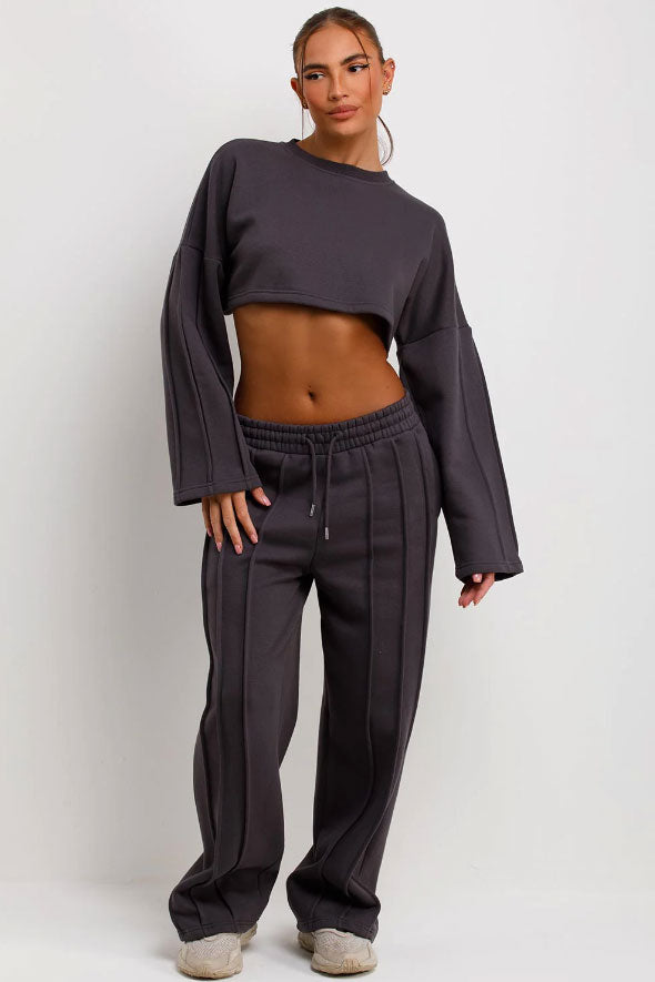 Charcoal Tracksuit Joggers And Crop Sweatshirt With Seam Detail