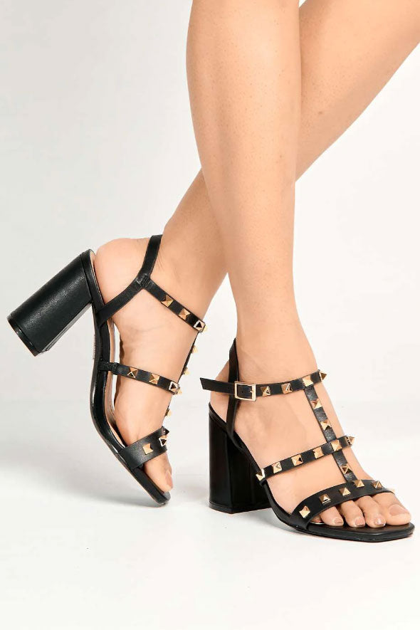 Troya Studded Block Heel Sandals in Black Matt