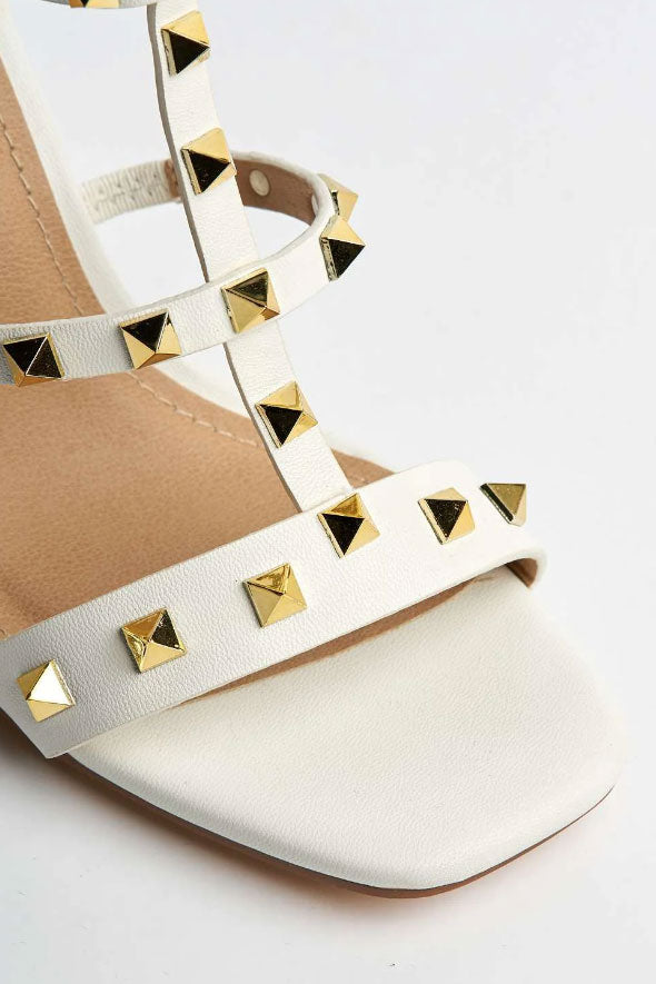 Troya Studded Block Heel Sandals in White Matt