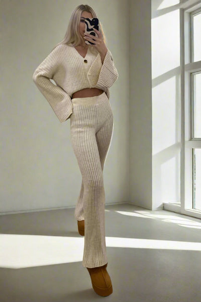 Knitted Cropped Cardigan & Wide leg Set Oatmeal