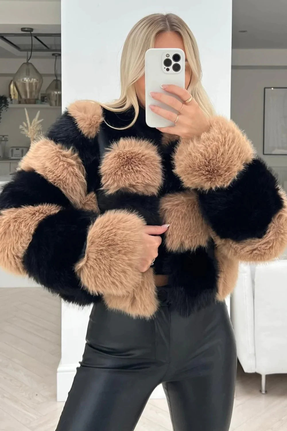 Sand cBlack checkered faux fur coat